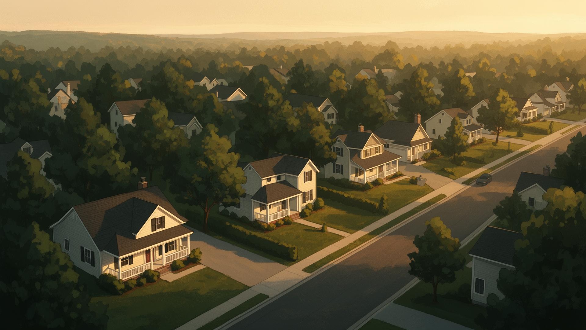 Aerial view of a tree-lined neighborhood at golden hour